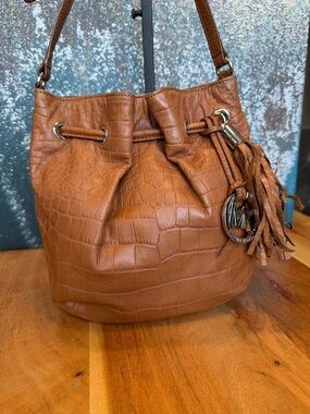 Michael Kors Boho Chic Croc Embossed Bucket Bag Brown Tassel